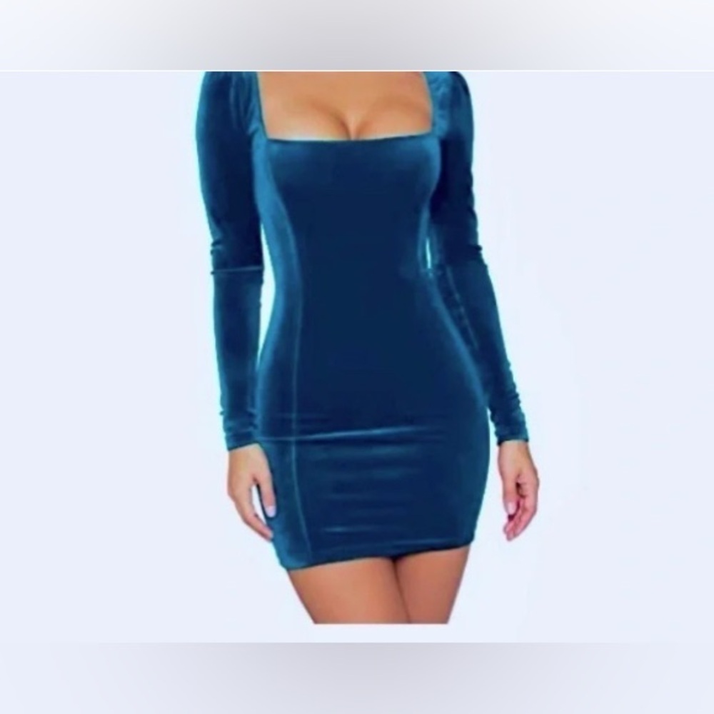 GOBLES Green Velvet Bodycon Dress L Long Sleeve Square Neck Mini